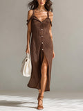Chic Elegant Caramel Brown V-Neck Sleeveless Single-Breasted Loose-Fit Ribbed Knit Midi Dress