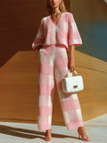 Chic Elegant Pink-White Checkered Jacquard V-neck Half-Sleeve Loose Sweater Top Wide-leg Pants Knit Two-Piece Set