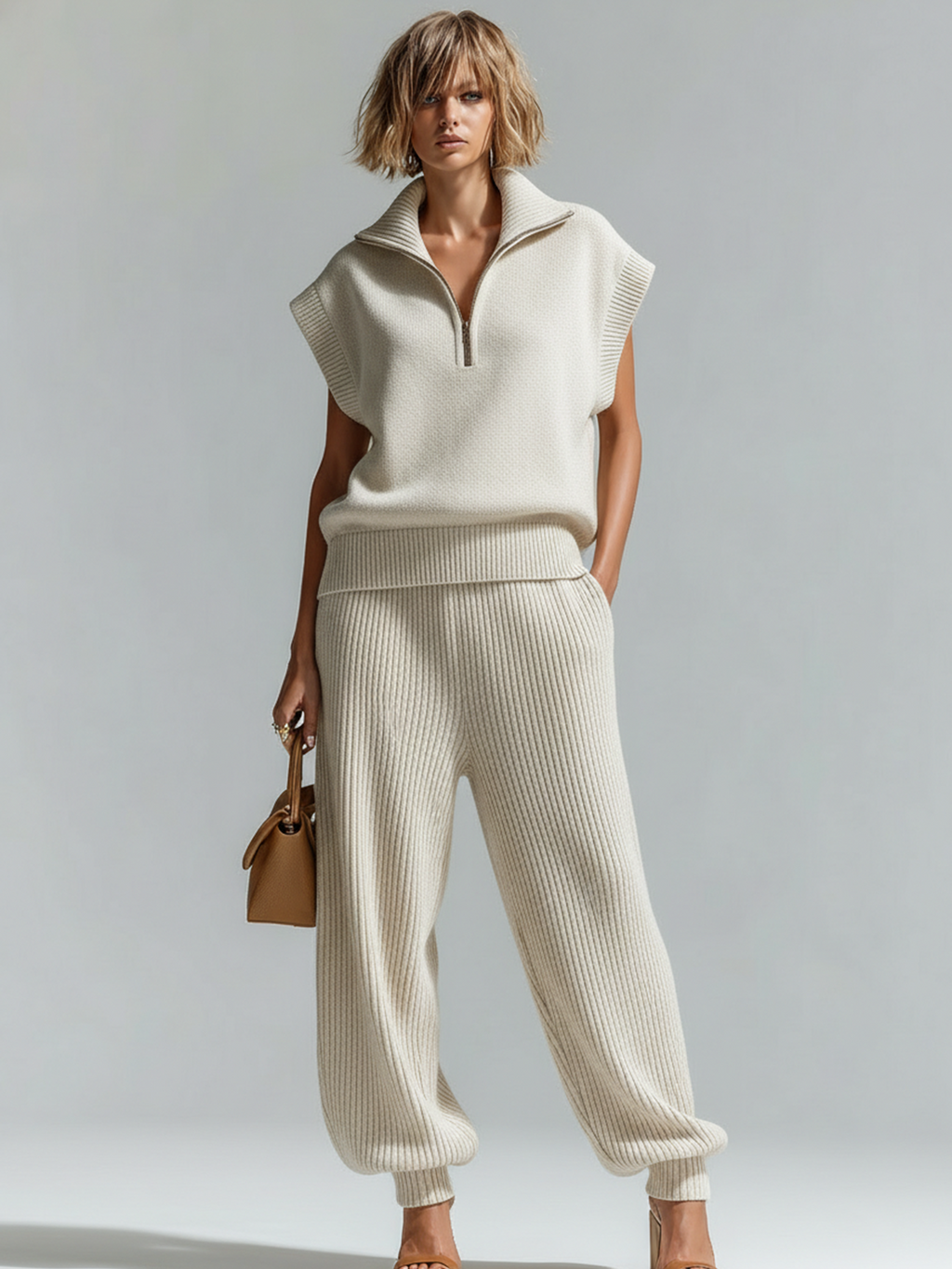 Chic Casual White Lapel-Collar Zip-Front Sleeveless Loose Vest Wide-Leg Pants Knit Two-Piece Set