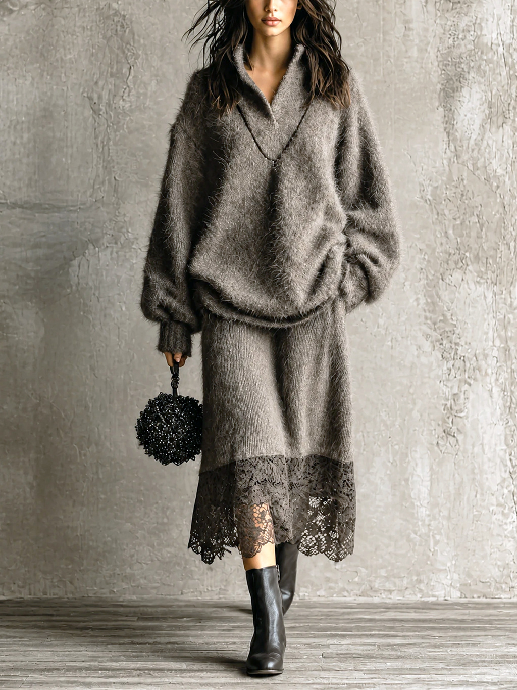 Chic Casual Taupe Stand Collar V‑Neck Long Sleeve Loose-Fit Sweater A-Line Lace Hem Midi Skirt Soft Fuzzy Knit Two-Piece Set