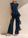 Chic Elegant Deep Blue Ruffles Round-Neck Cap Sleeve Loose Tops Wide-Leg Ruffles Pants Rib Knit Two-Piece Set