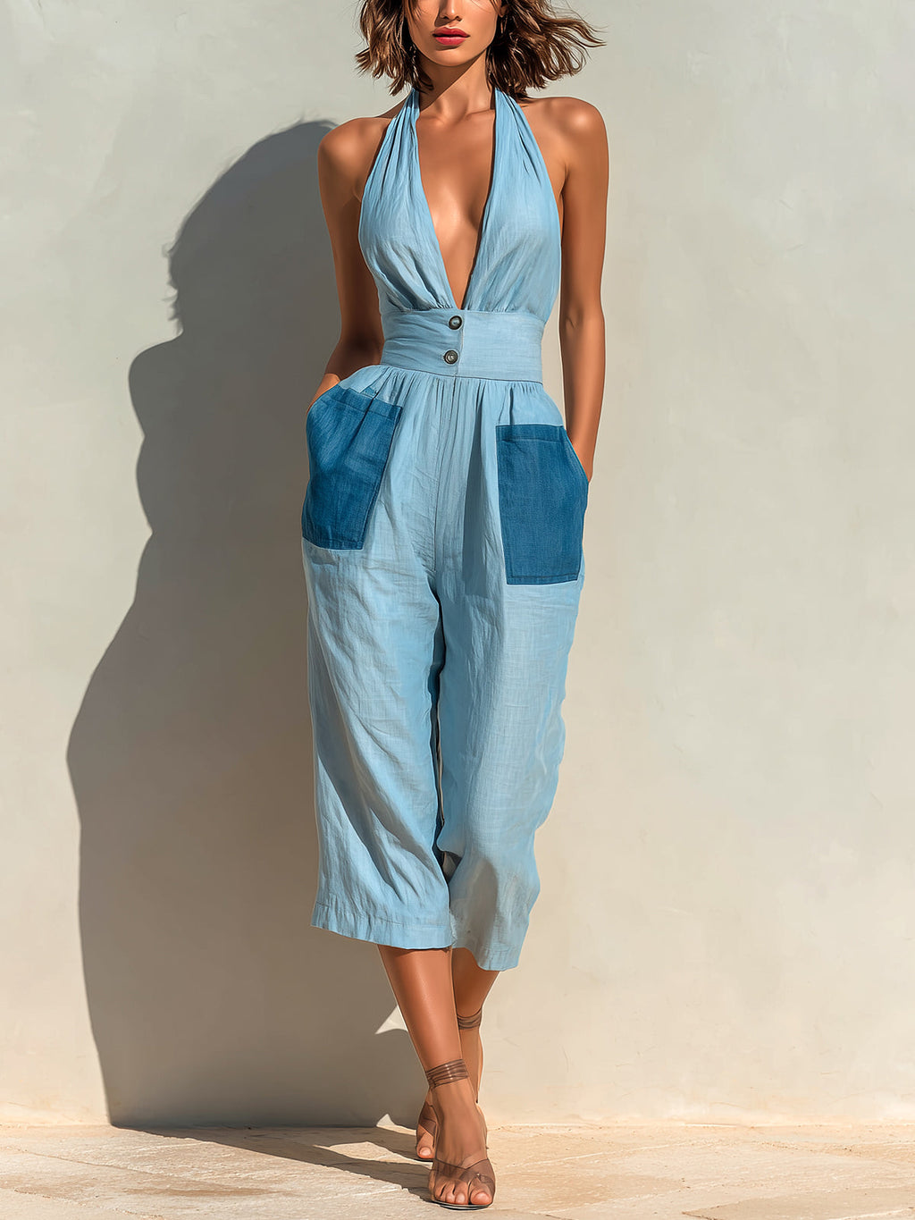 Chic Elegant Blue Colorblock Linen Blend Halter V-Neck Sleeveless  Patch Pockets Tailored-Waist Cropped Jumpsuit