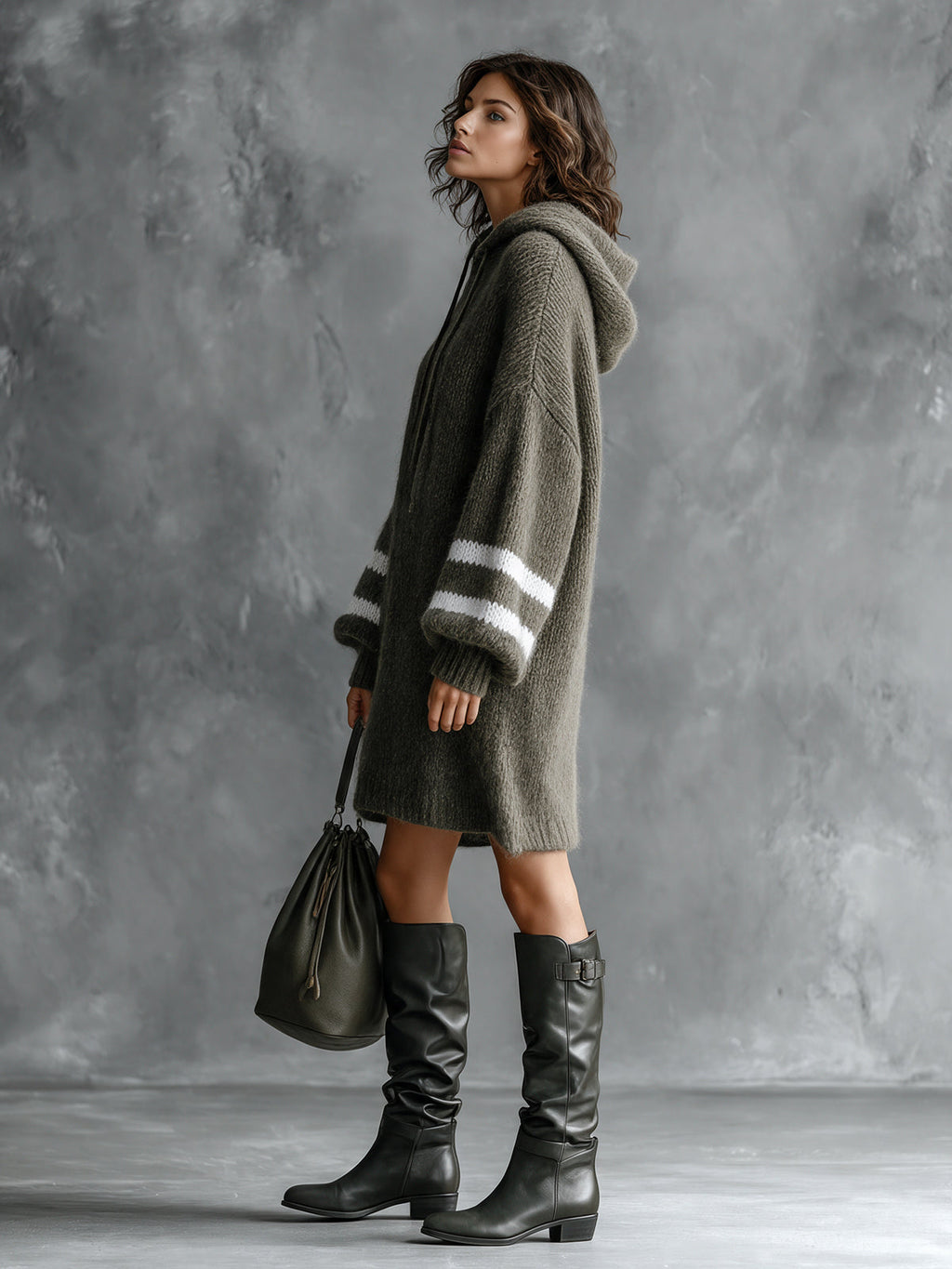 Chic Casual Army Green-White Colorblock Stripes Hooded Collar Long-Lantern-Sleeve Oversized Wool Blend Knit Midi Dress