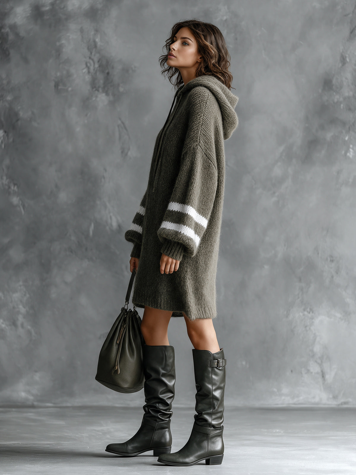 Chic Casual Army Green-White Colorblock Stripes Hooded Collar Long-Lantern-Sleeve Oversized Wool Blend Knit Midi Dress