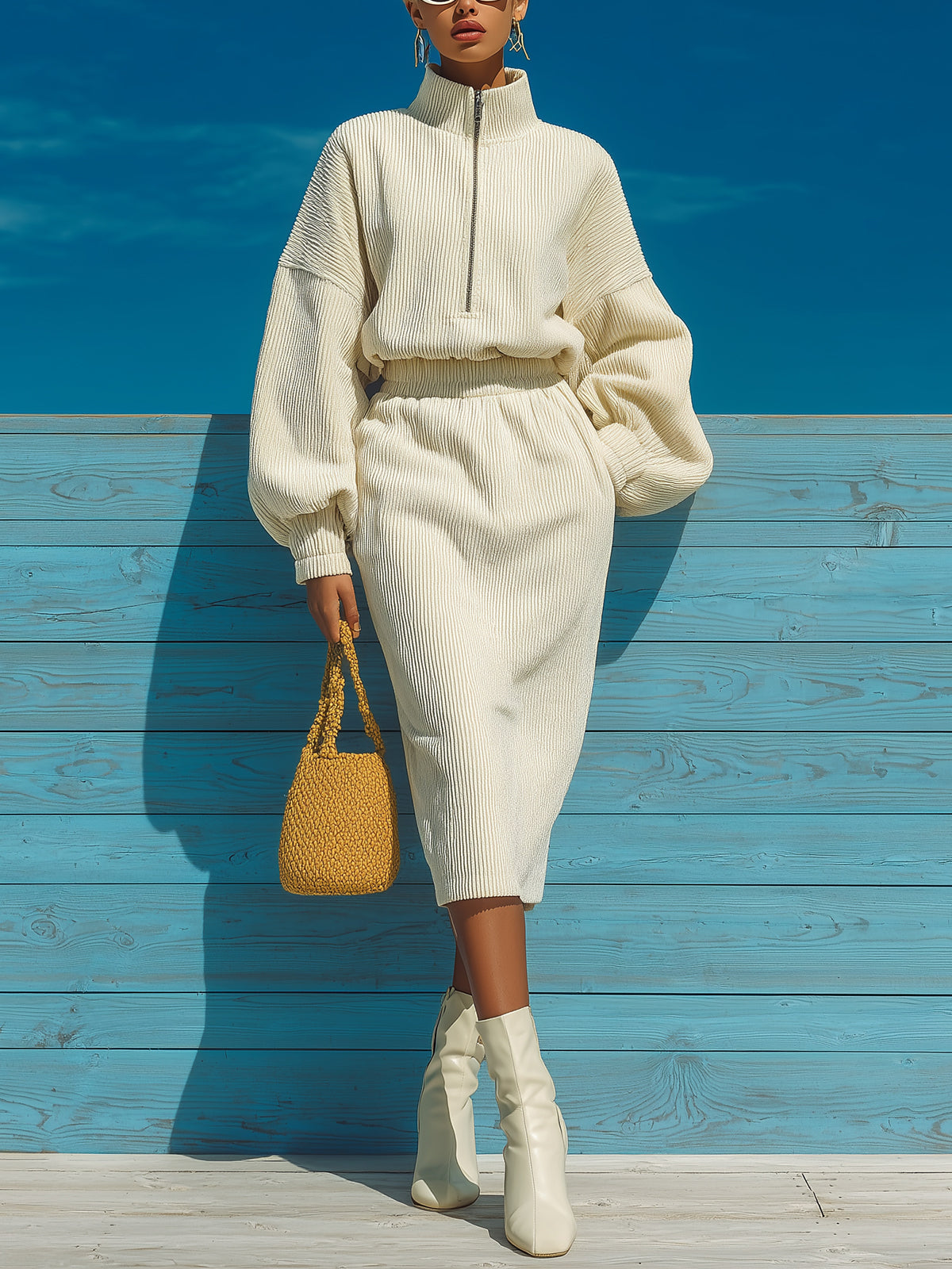 Chic Casual Cream White Corduroy Zip-Up Stand Collar Oversized Sweatshirt Elastic Waist Midi Skirt Two-Piece Set