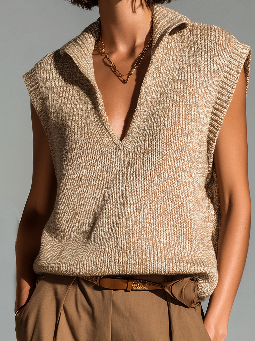 Fashion Casual Camel Lapel Deep V-neck Loose Sleeveless Knit Vest