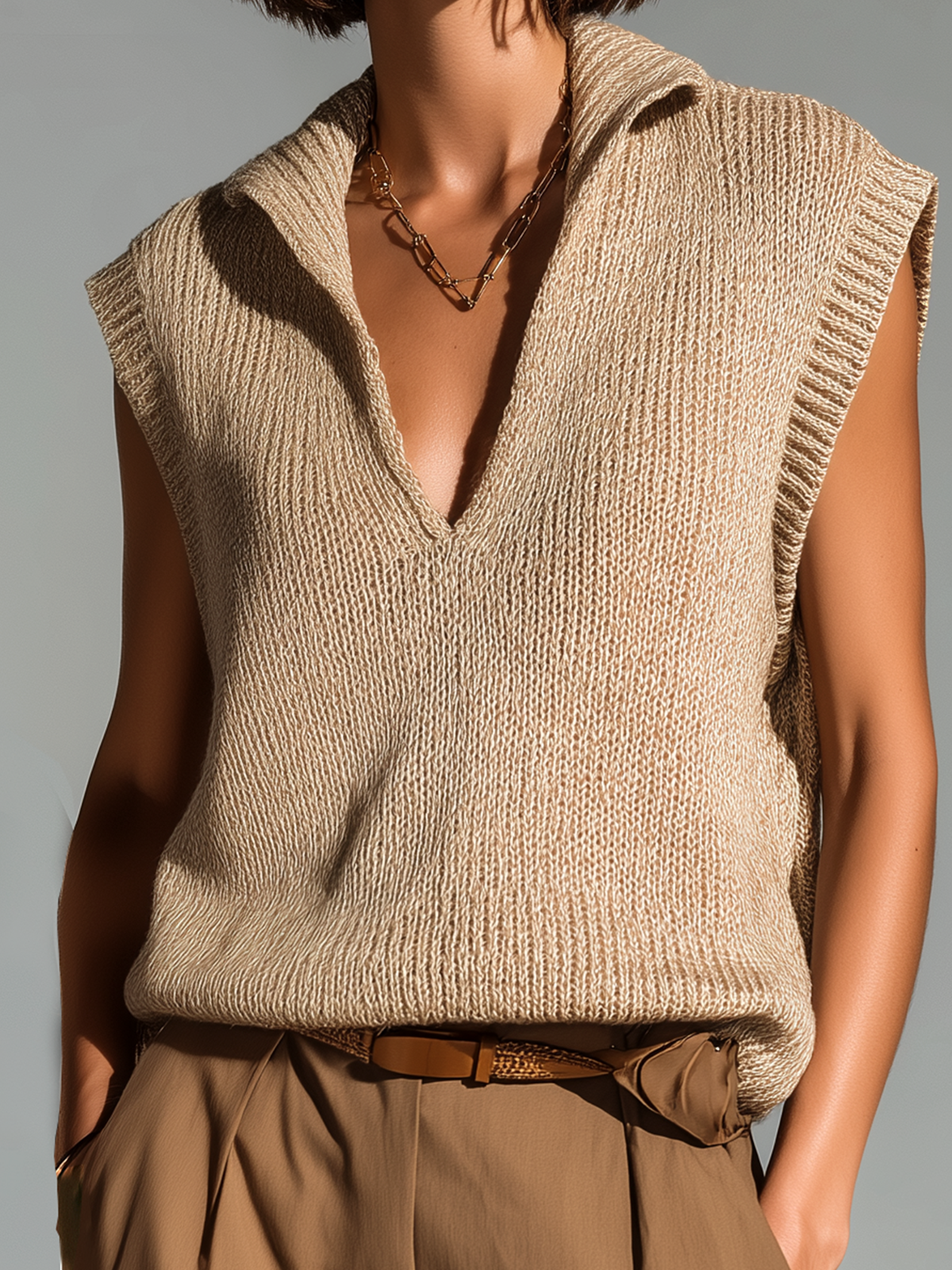 Fashion Casual Camel Lapel Deep V-neck Loose Sleeveless Knit Vest