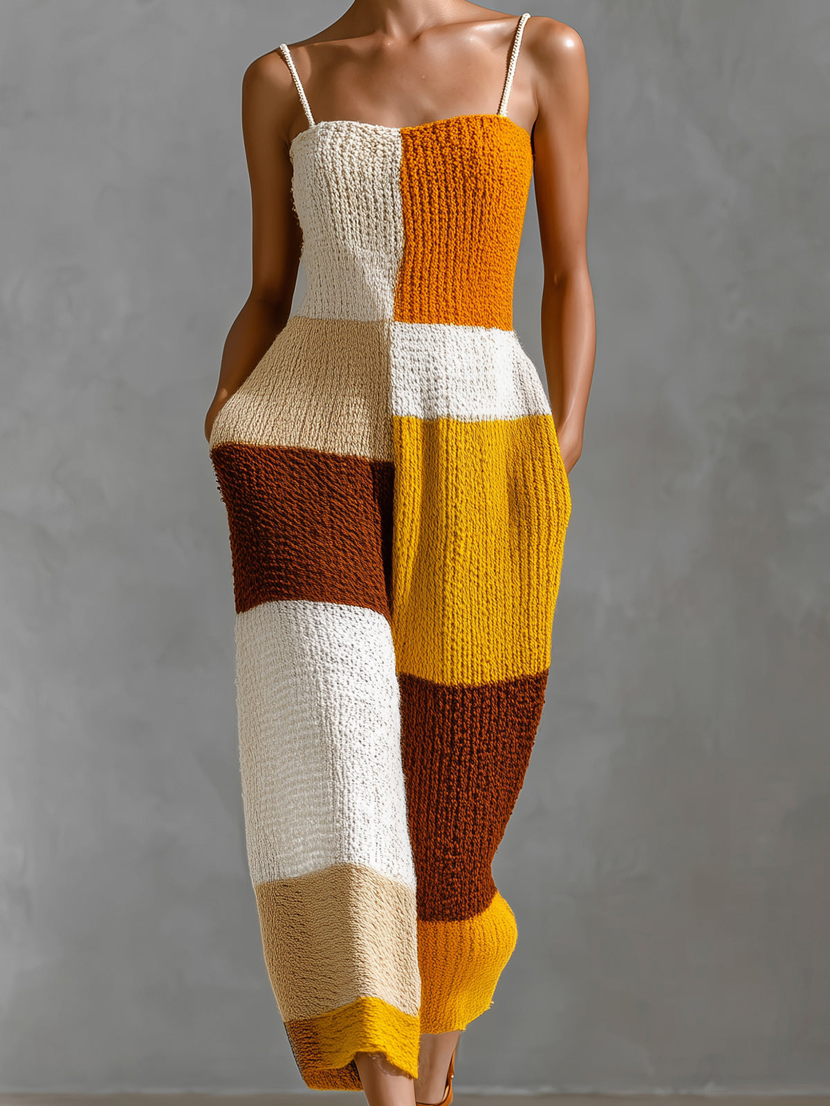 Chic  Elegant Yellow-Orange Colorblock Strappy Sleeveless Loose-Fit Breathable Ribbed Knit Jumpsuit