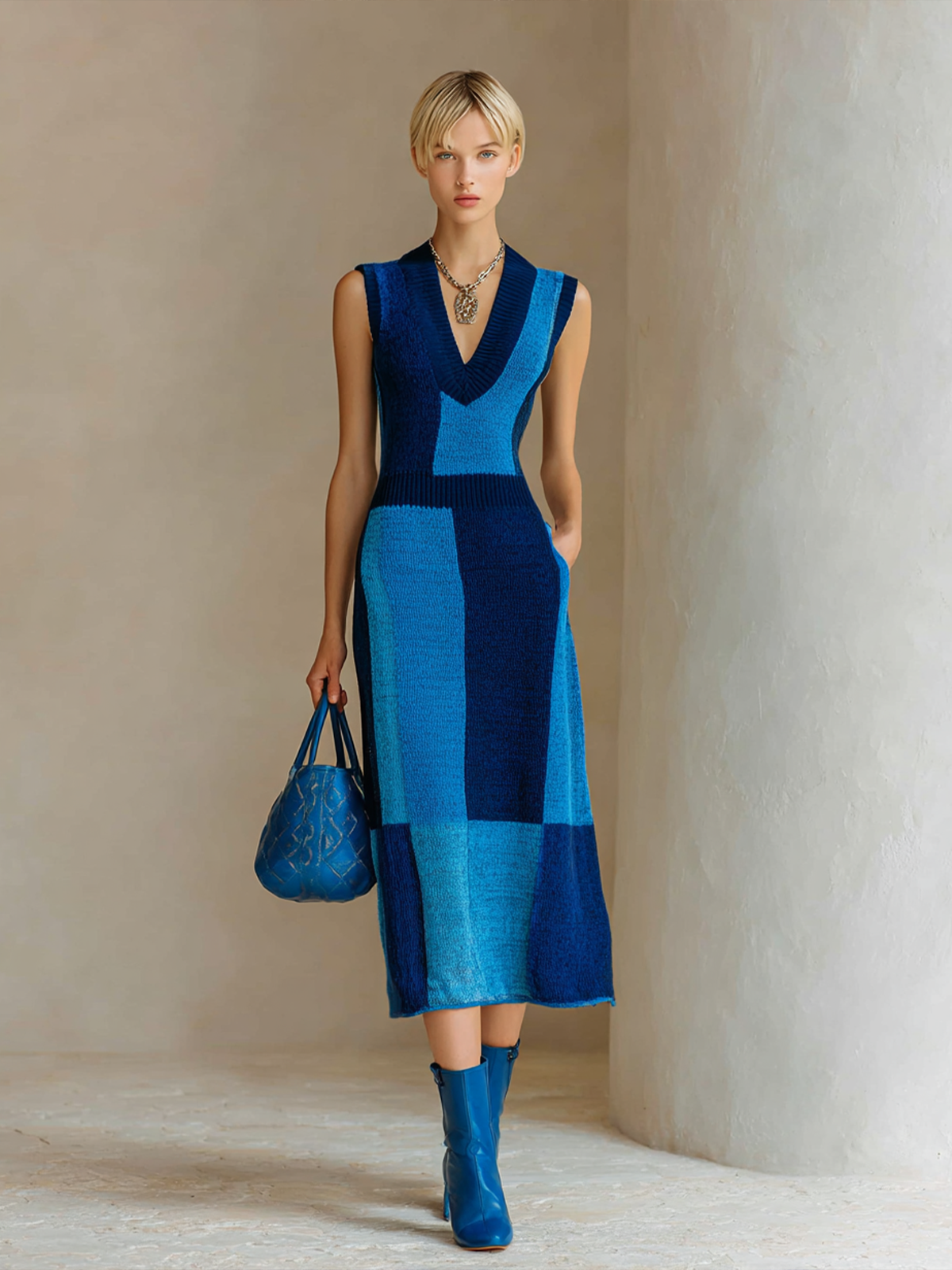 Chic Elegant Blue Colorblock V-Neck Sleeveless Tailored Waist Loose-Fit Knit Midi Dress