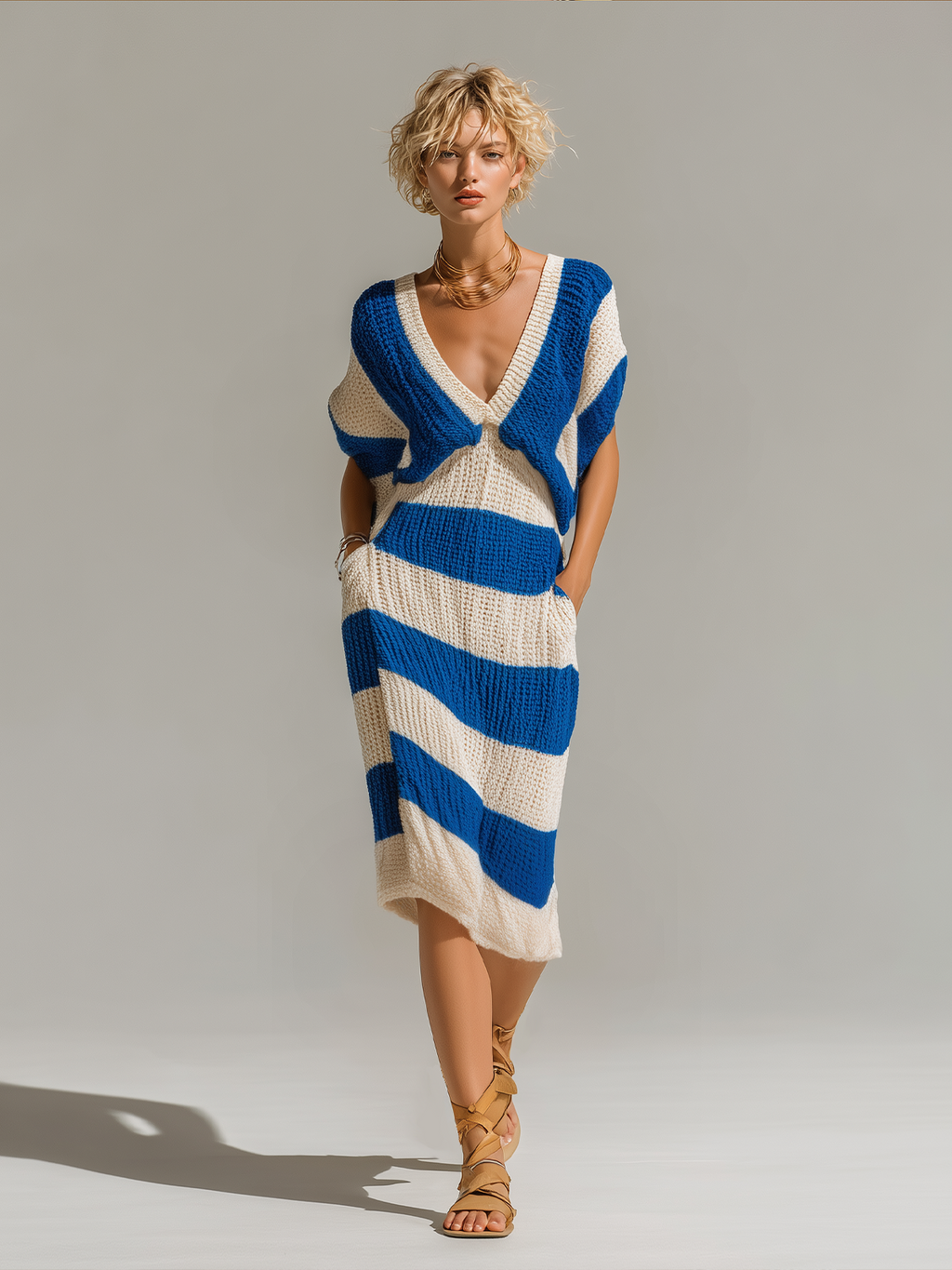 Stylish Elegant White-Blue Stripe  V-Neck Short-Sleeve Slim-Fit Ribbed Knit Midi Dress
