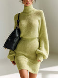 Chic Elegant Turtle Neck Long Lantern Sleeve Sweater Bodycon Mini Skirt Mohair Knit Two-Piece Set