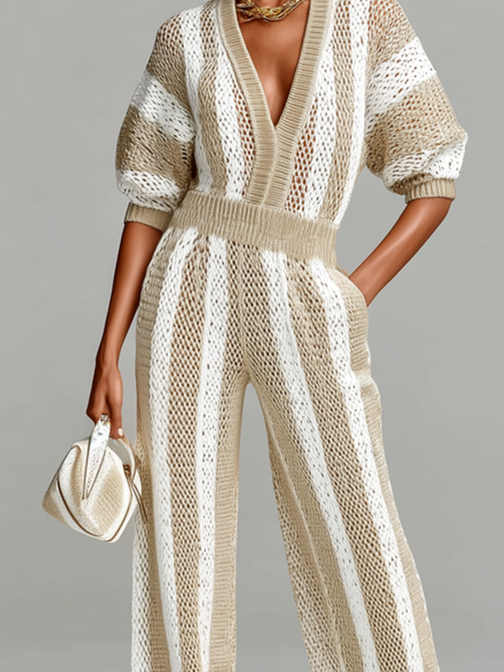 Stylish Elegant White-Beige Striped Mesh V-neck Short-Sleeve Loose-Fit Wide-Leg Ribbed Knit Jumpsuit