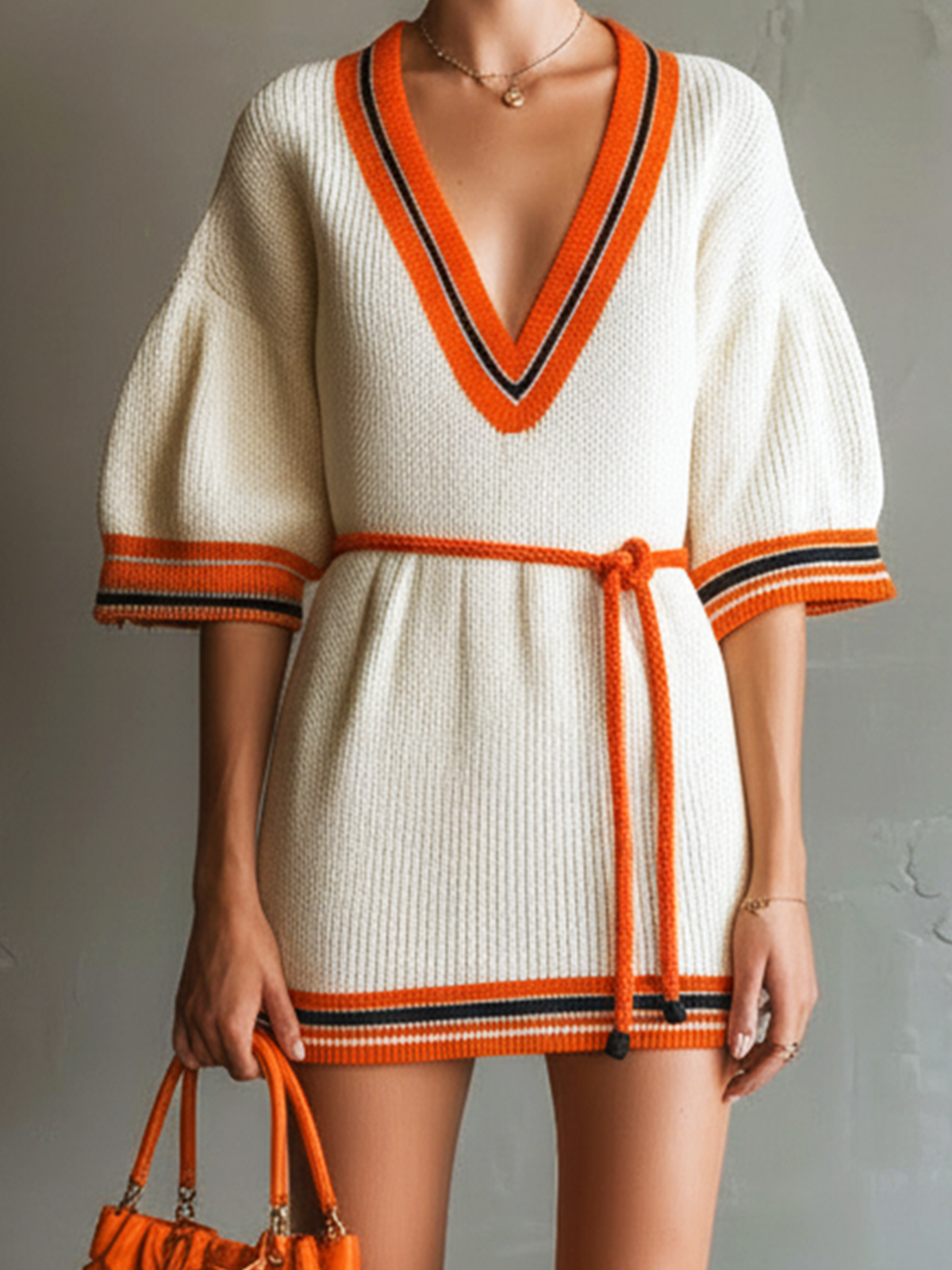 Stylish Elegant Off-White Colorblock V-Neck Short-Sleeved Waist Tie Loose Ribbed  Knit Mini Dress