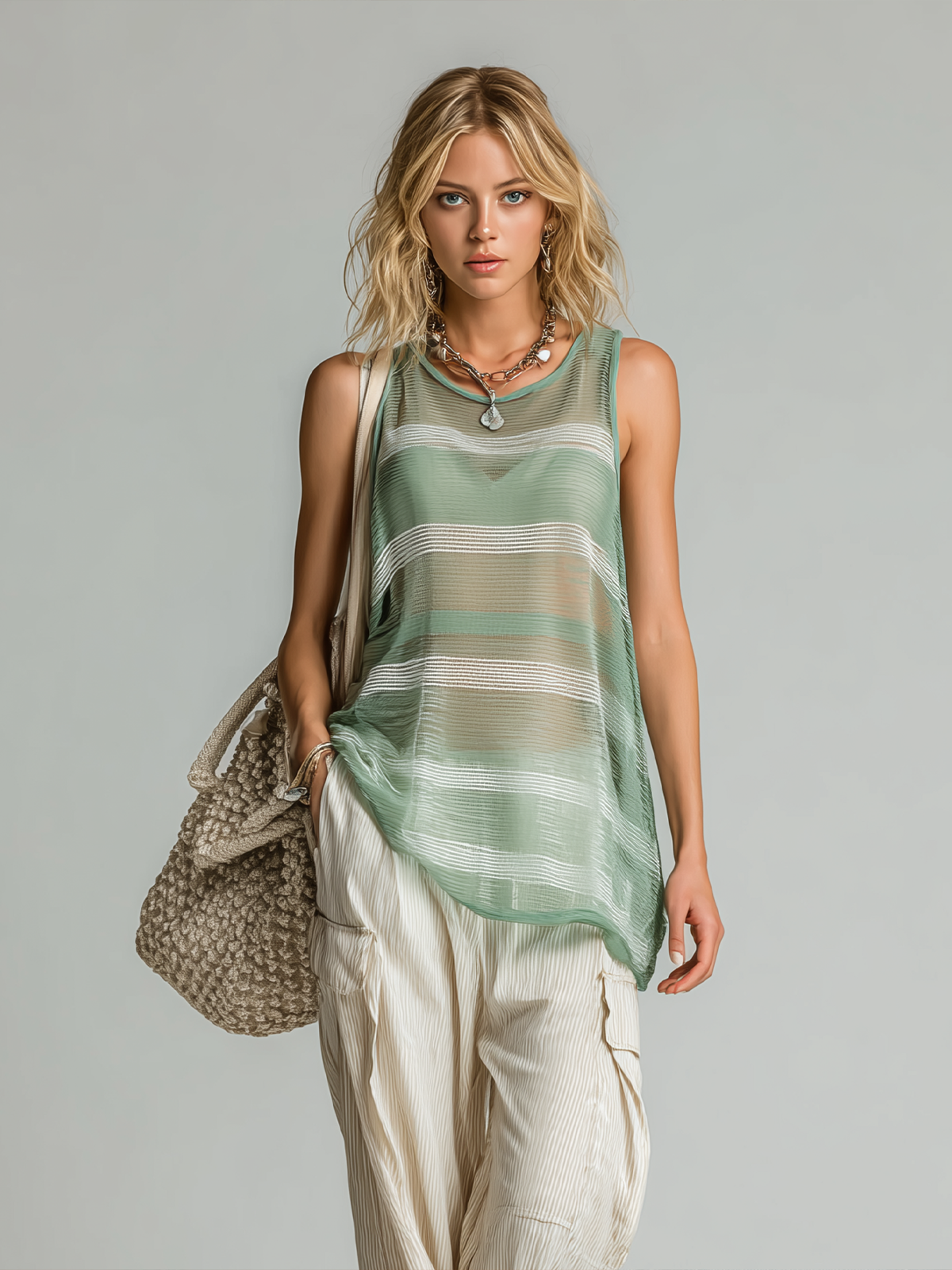 Chic Casual Green White Striped Crew Neck Sleeveless Loose-fitting Openwork Mesh Knit Vest Top