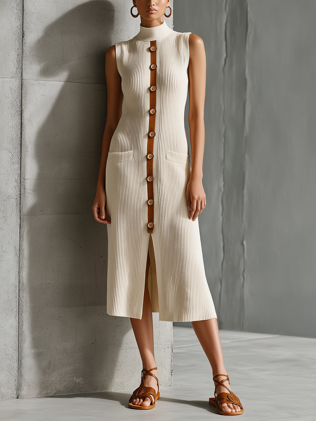 Chic Elegant Beige-Brown Colorblock Mock-Neck Sleeveless Button-Front Detail Slim-Fit Knit Midi Dress