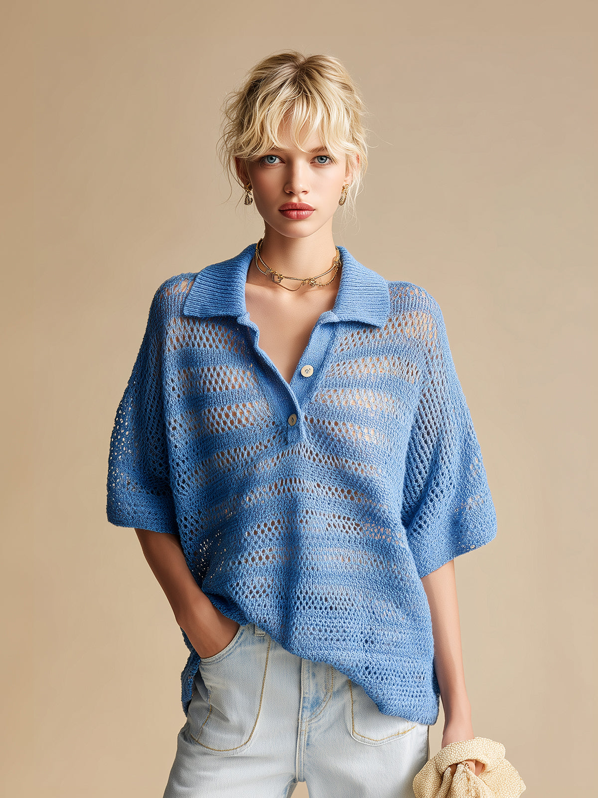 Chic Vintage Dark Blue Hollow Out Stripes Button-Up Lapel Collar Short-Sleeve Loose-Fit Breathable Knit Sweater Top