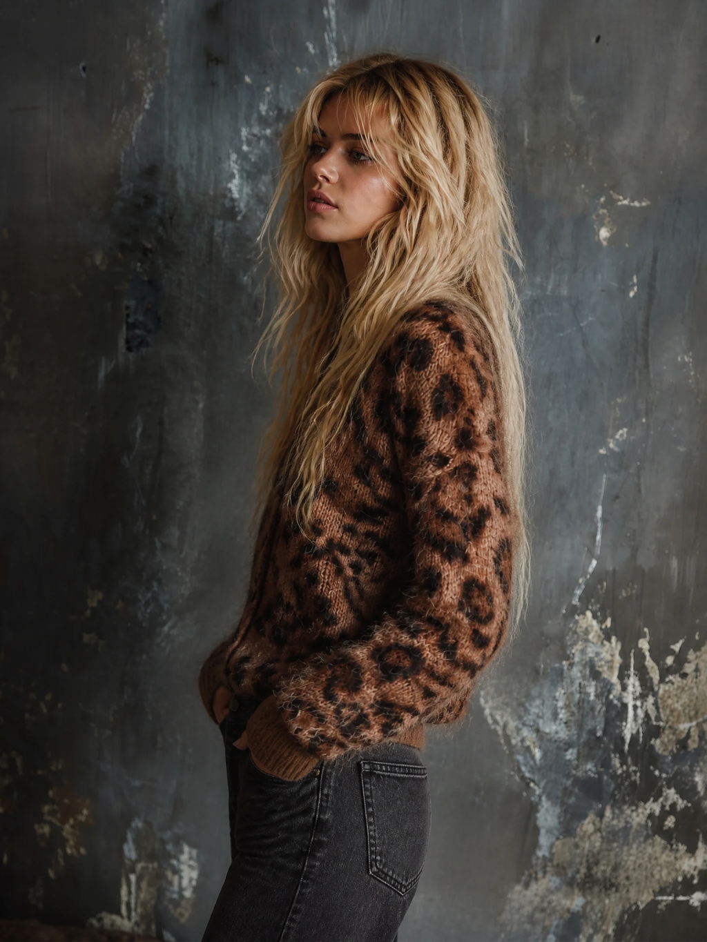 Chic Elegant Brown Leopard Jacquard V-Neck Single-Breasted Long-Sleeve Loose-Fit Fuzzy Mohair Blend Knit Cardigan Top
