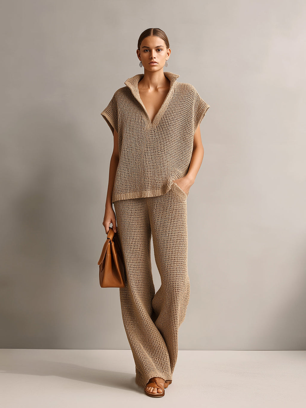 Chic Elegant Camel Stand Collar V-Neck Off-Shoulder Oversize Vest Beige Wide-Leg Pants Knit Two-Piece Set