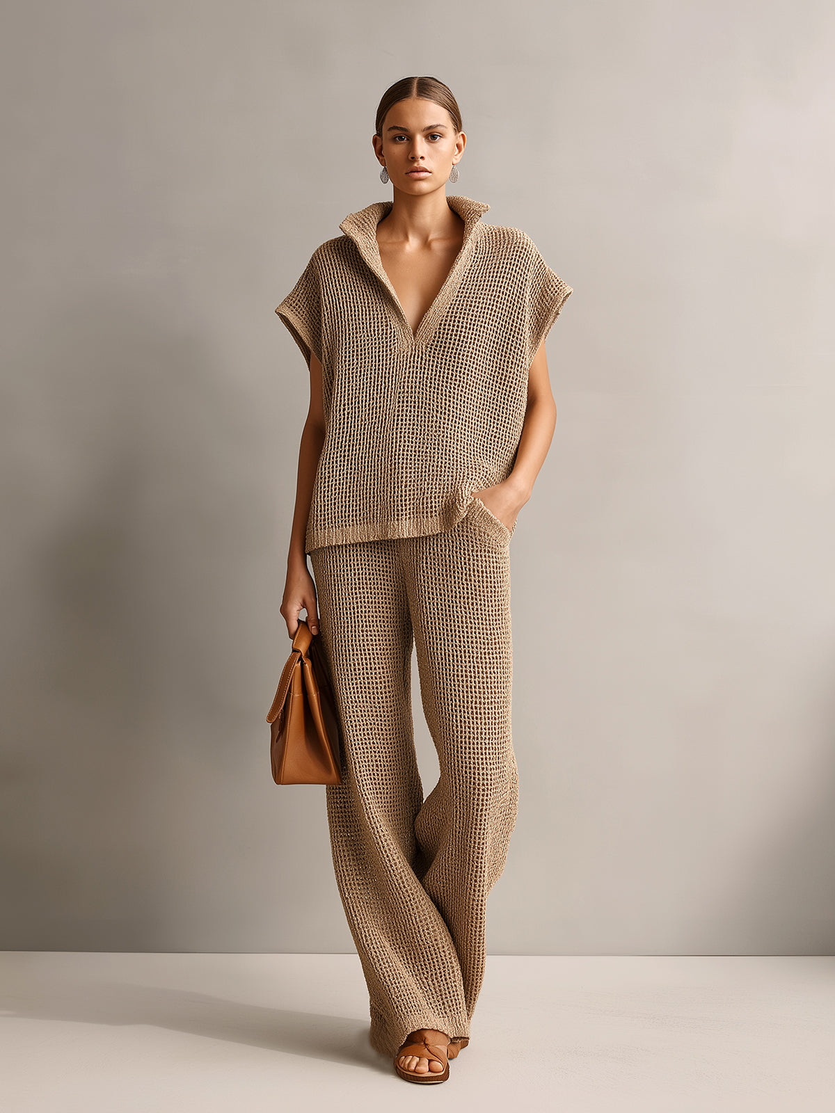 Chic Elegant Camel Stand Collar V-Neck Off-Shoulder Oversize Vest Beige Wide-Leg Pants Knit Two-Piece Set