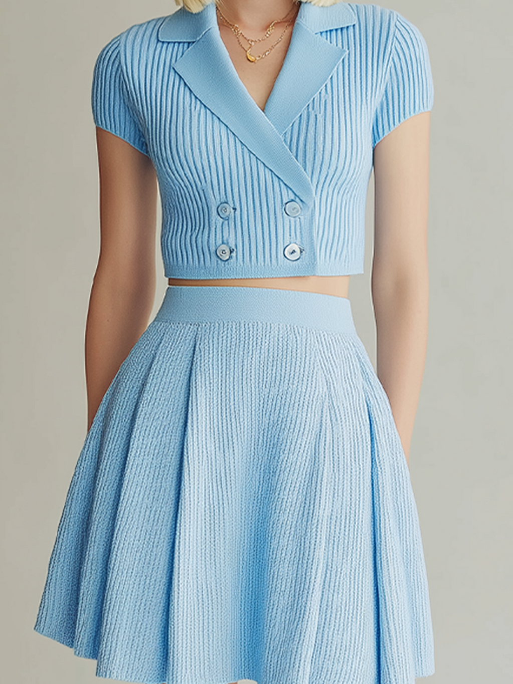 Chic Vintage Light Blue Notch Lapel Short Sleeve Button-Up Tops Elastic Waist Skirt Knit Two-Piece Set