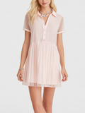 Chic Elegant Pink V-Neck Lapel Neck Button Short-Sleeve Pleated Chiffon Loose Mini Dress