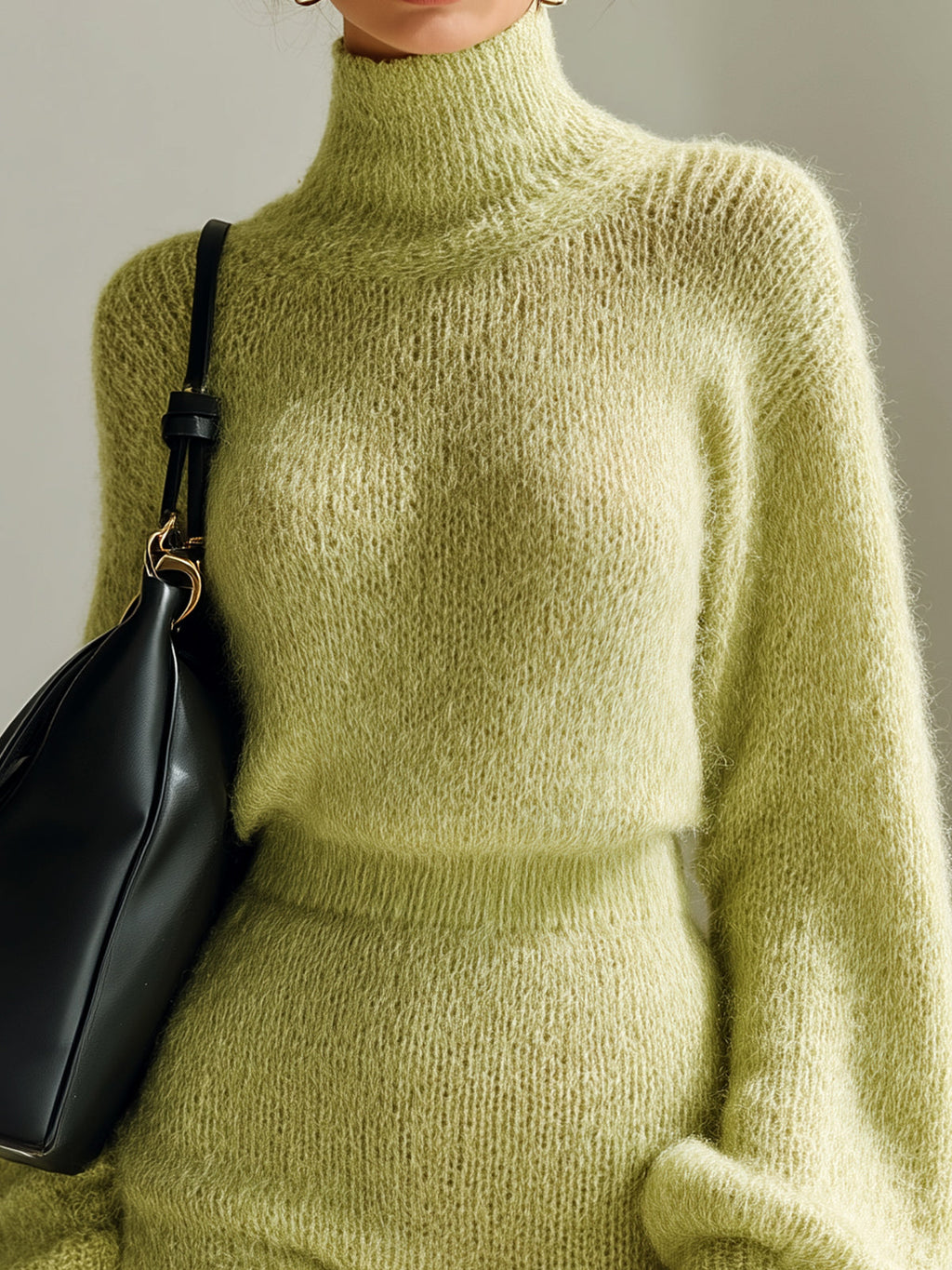 Chic Elegant Turtle Neck Long Lantern Sleeve Sweater Bodycon Mini Skirt Mohair Knit Two-Piece Set
