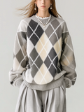 Chic Casual Argyle Plaid Gray White Round Neck Loose Knit Pullover Sweater