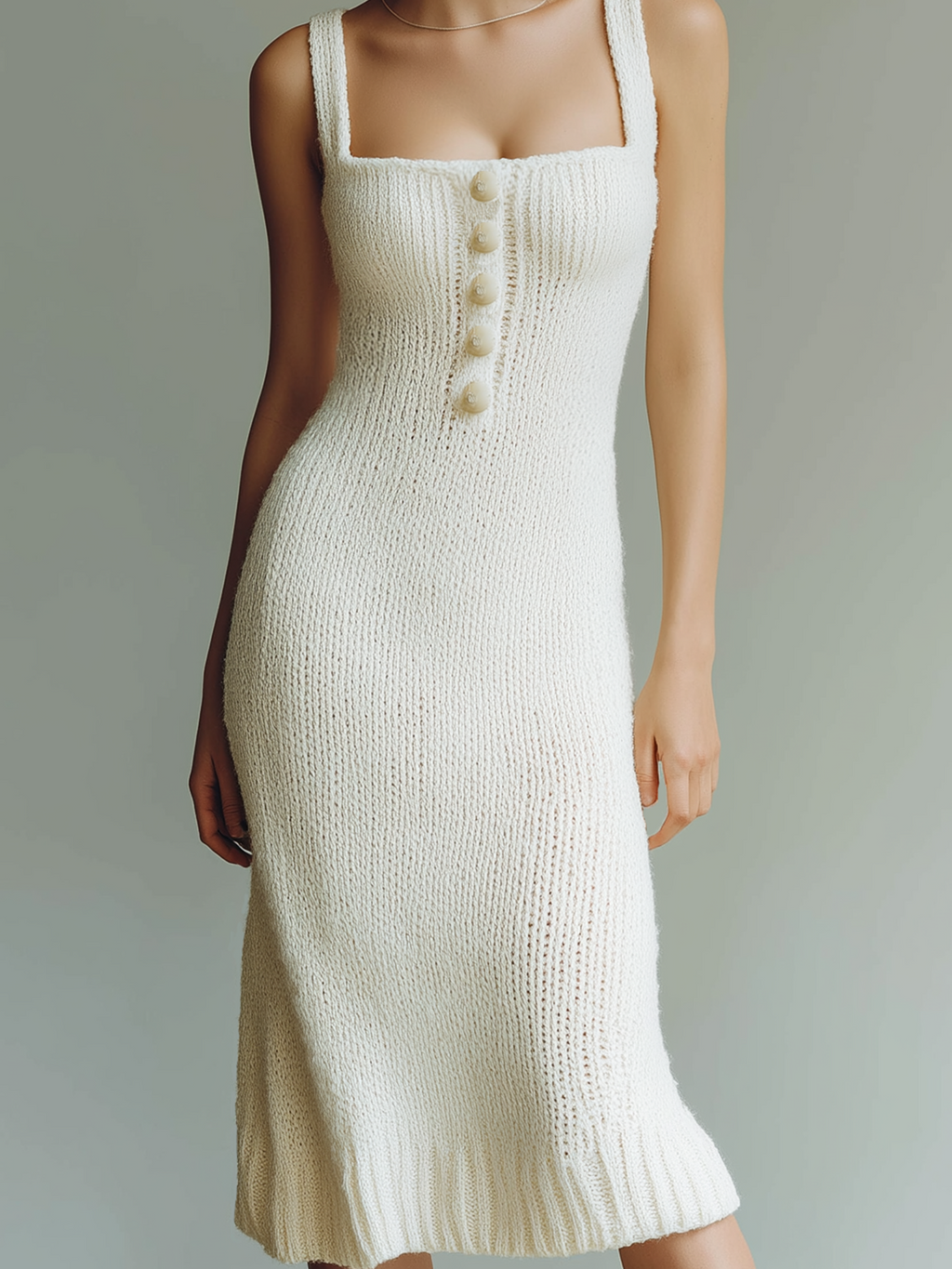 Chic Casual White Spaghetti Strap Square Neck Button Slim Fitted Knit Midi Dress