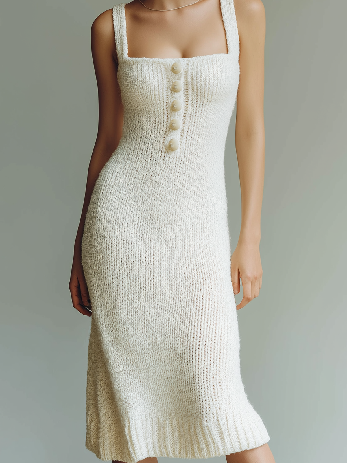 Chic Casual White Spaghetti Strap Square Neck Button Slim Fitted Knit Midi Dress