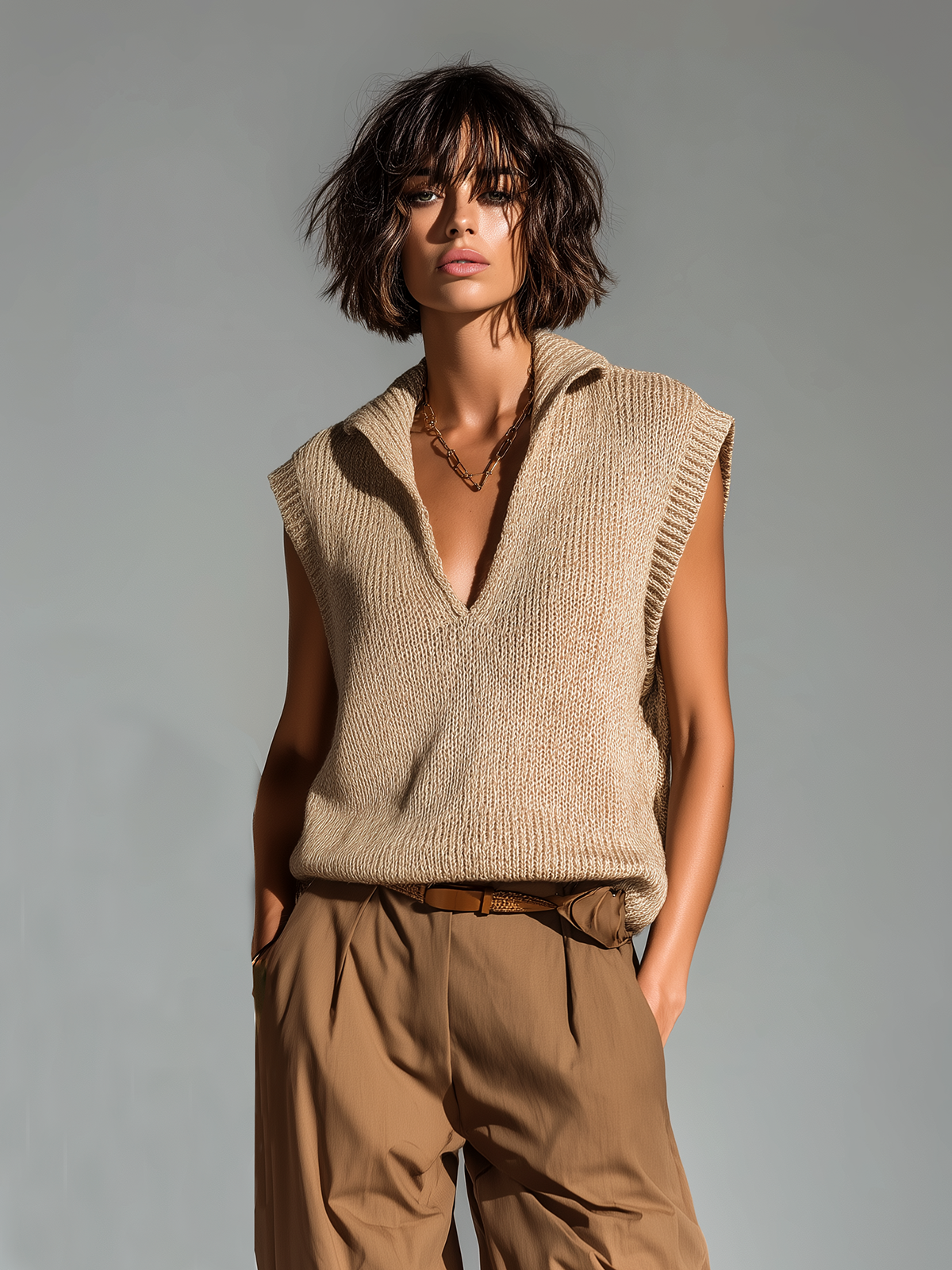 Fashion Casual Camel Lapel Deep V-neck Loose Sleeveless Knit Vest