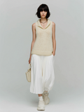 Chic Elegant Cream White Collar V-Neck Sleeveless Knit Sweater Loose A-Line Chiffon Maxi Skirt Two-Piece Set