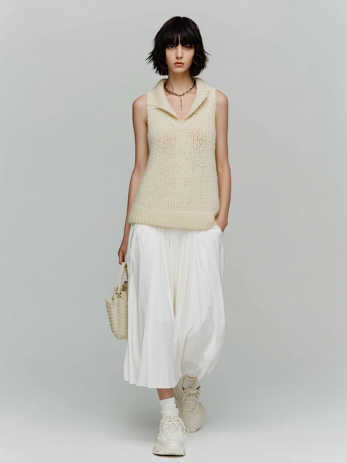 Chic Elegant Cream White Collar V-Neck Sleeveless Knit Sweater Loose A-Line Chiffon Maxi Skirt Two-Piece Set
