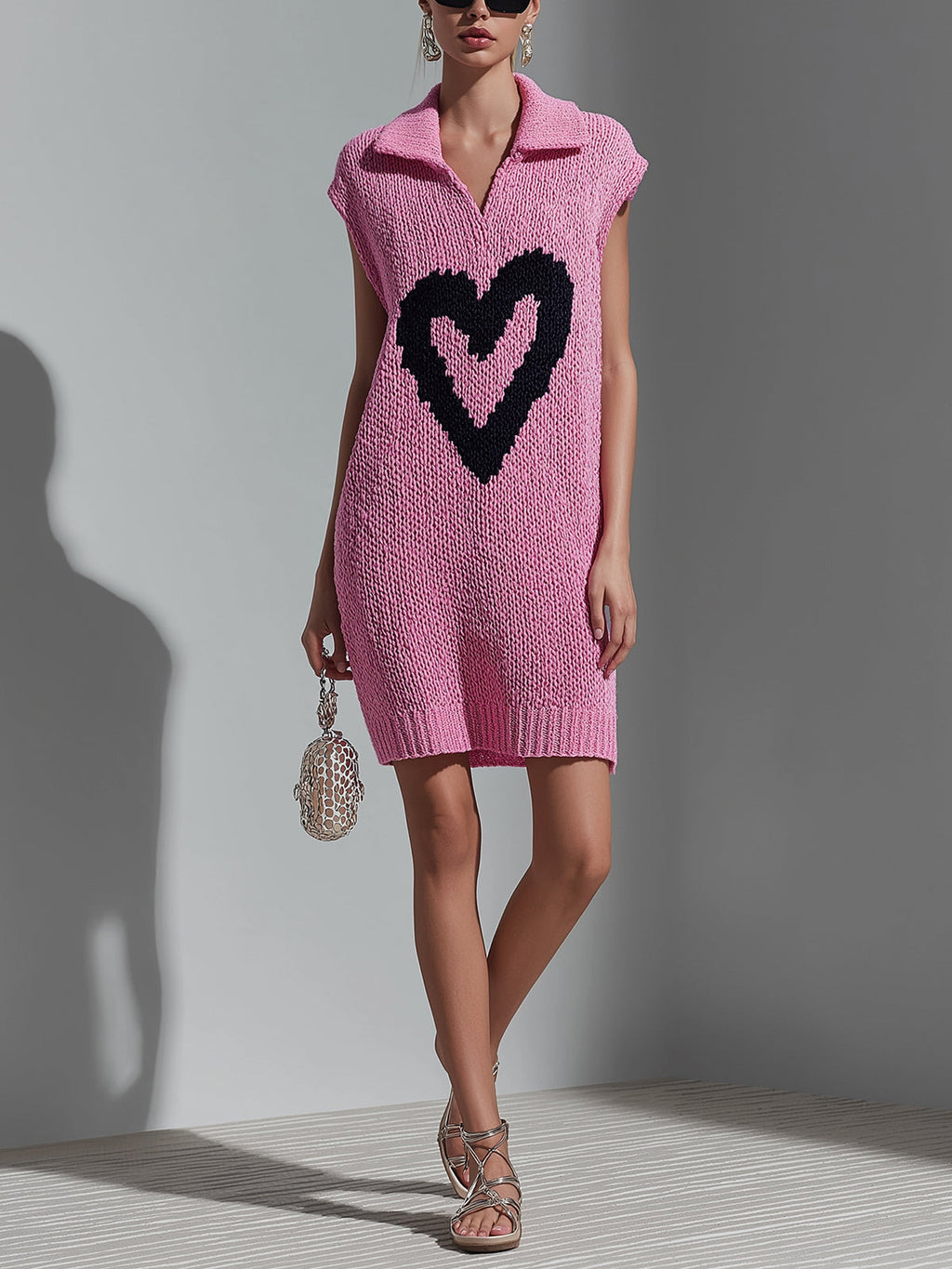 Chic Casual Pink Lapel V-Neck Heart Jacquard Sleeveless Loose-Fit Knit Mini Dress