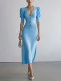Chic Elegant Blue Deep U-Neck Button-Front Short-Sleeve Sweater Bodycon A-Line Midi Skirt Knit Two-Piece Set