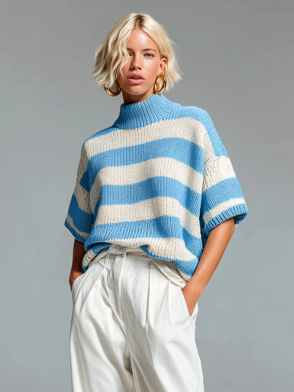 Fashion Casual Blue -White Striped High-Neck Short-Sleeve Knit Sweater Top
