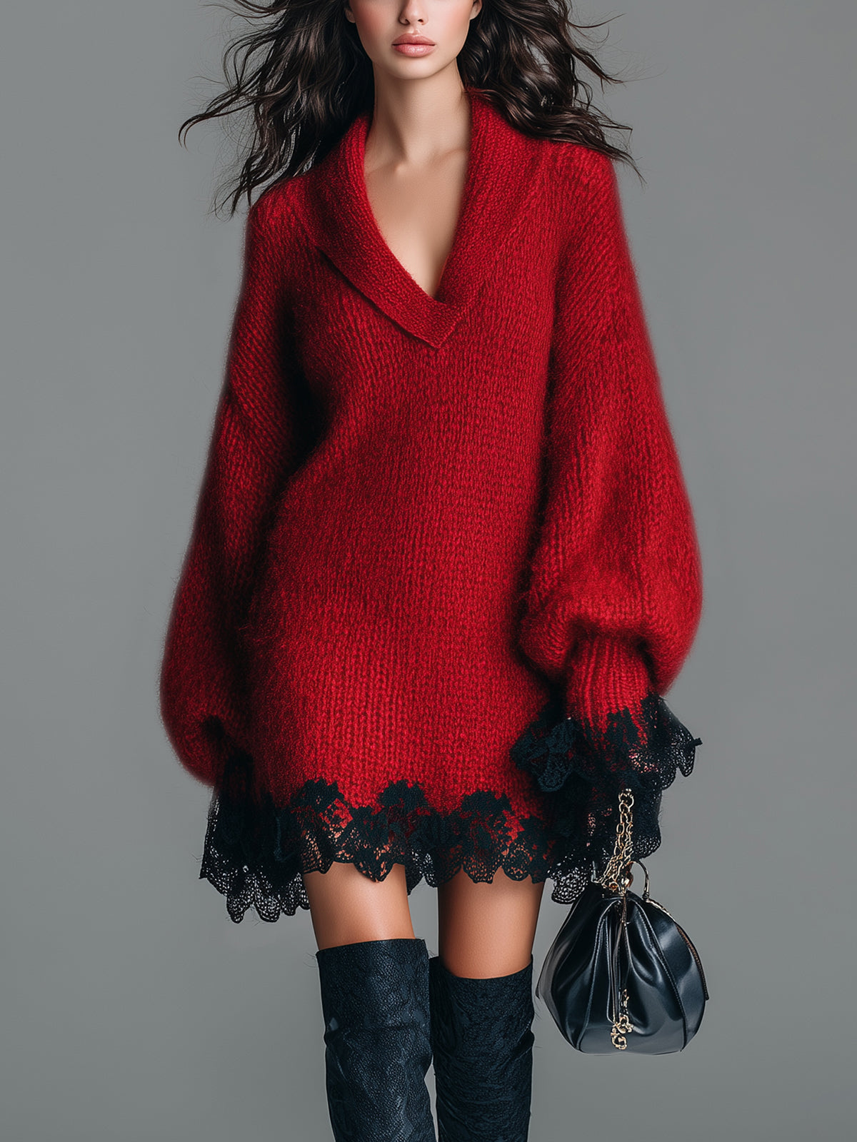 Chic Vintage Red Shawl Collar Long Lantern Sleeve Oversized Contrast Lace Hem Knit Mini Dress