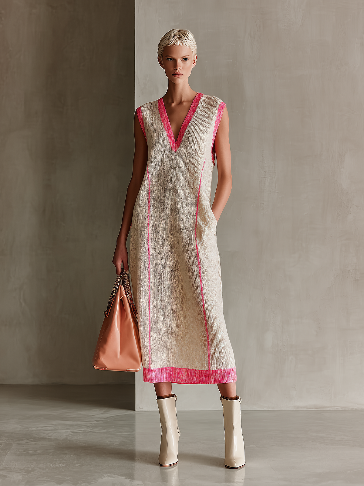 Chic Elegant White-Pink Stripe V-Neck Sleeveless A-Line Loose-Fit Knit Midi Dress
