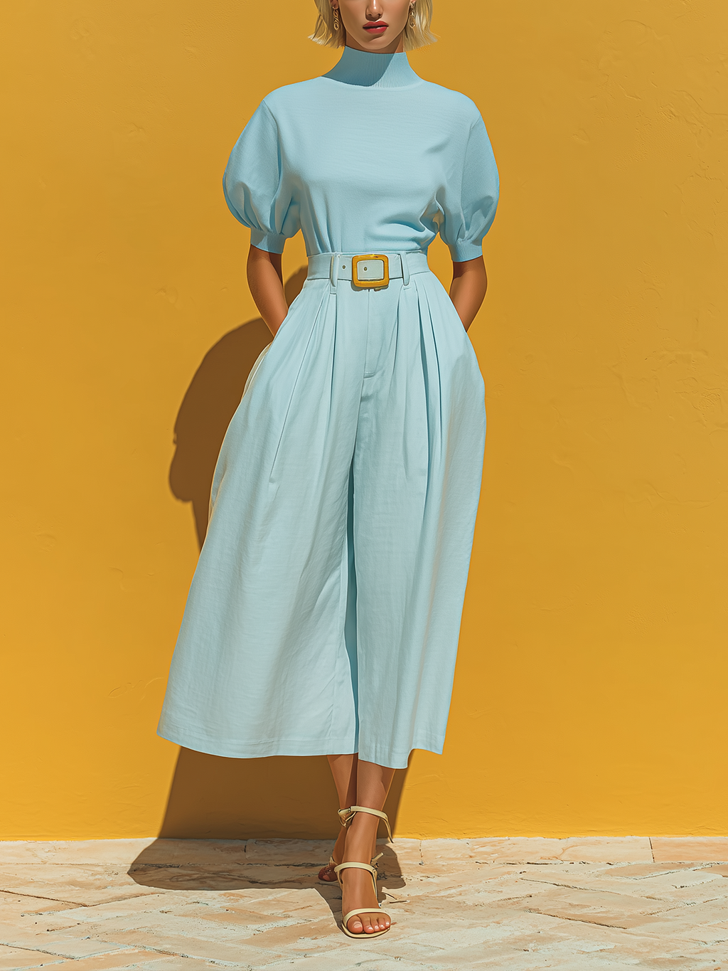 Chic Vintage Baby Blue Round-Neck Stand Neck Short-Sleeve Puff Sleeve Loose Knit Tops Belt Wide-Leg Pants Cotton Blend Two-Piece Set