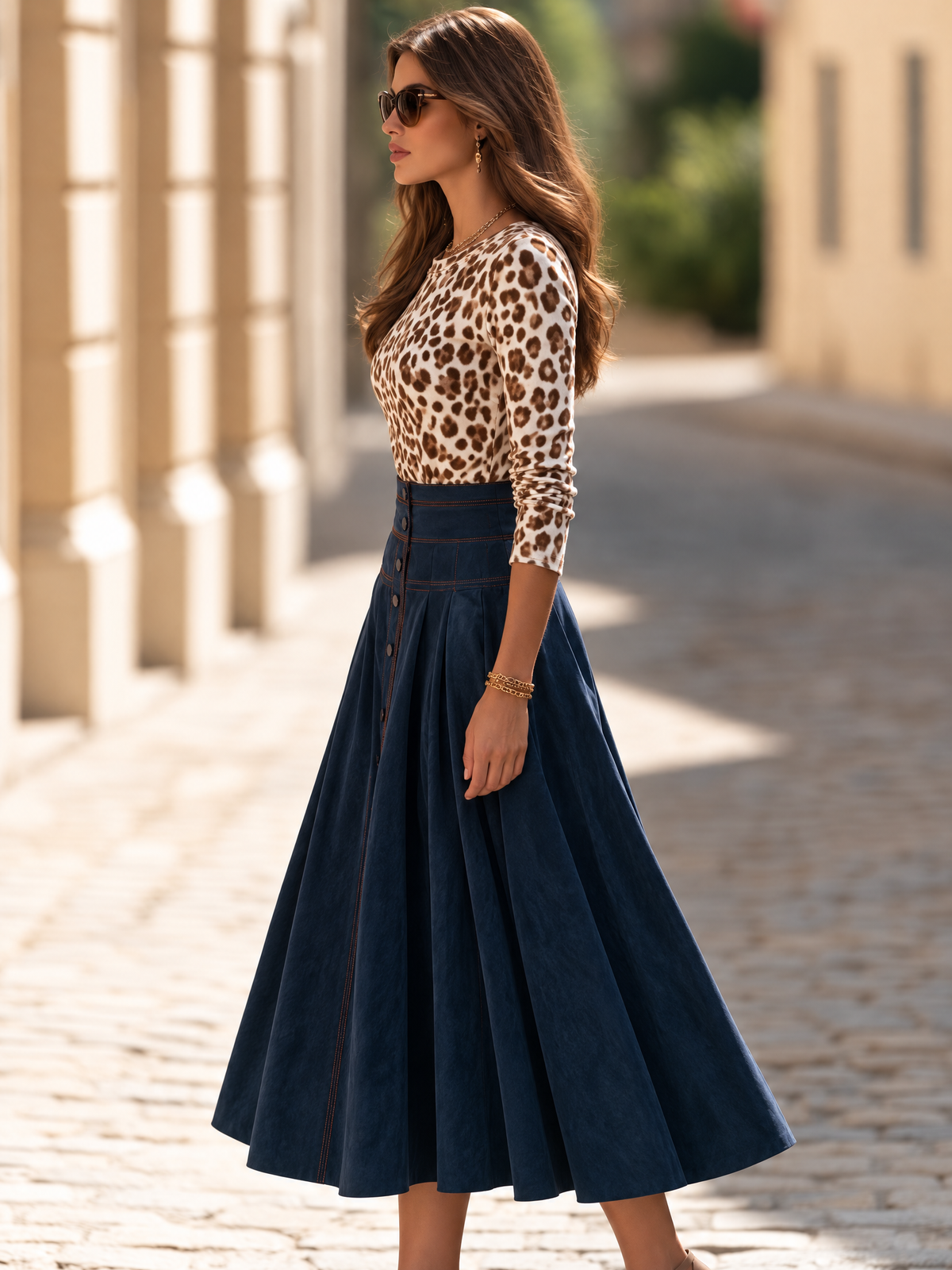 Vacation-style Leopard Print Long-sleeve Crew-neck Top And A-line Skirt Set