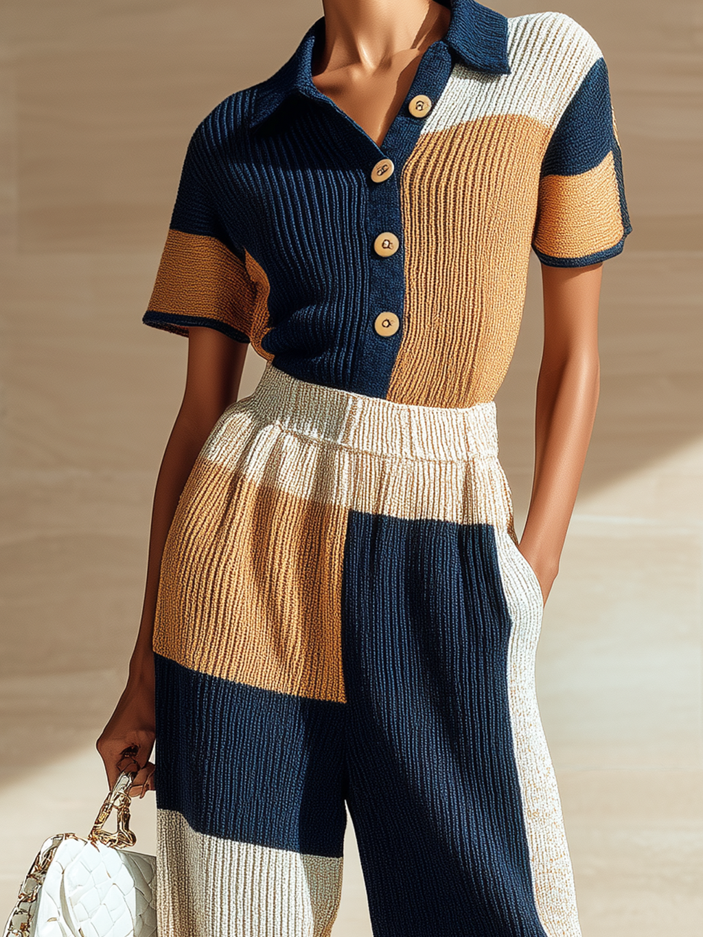 Stylish Elegant Navy Blue-Brown Colorblock Lapel Collar Button-Front Slim-Fit Wide-Leg Ribbed Knit Jumpsuit