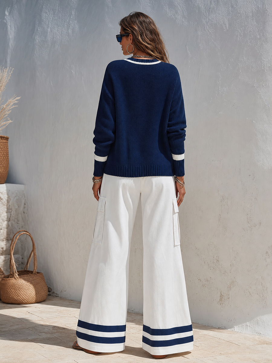 Retro Casual Color-blocked Striped Knit Cardigan