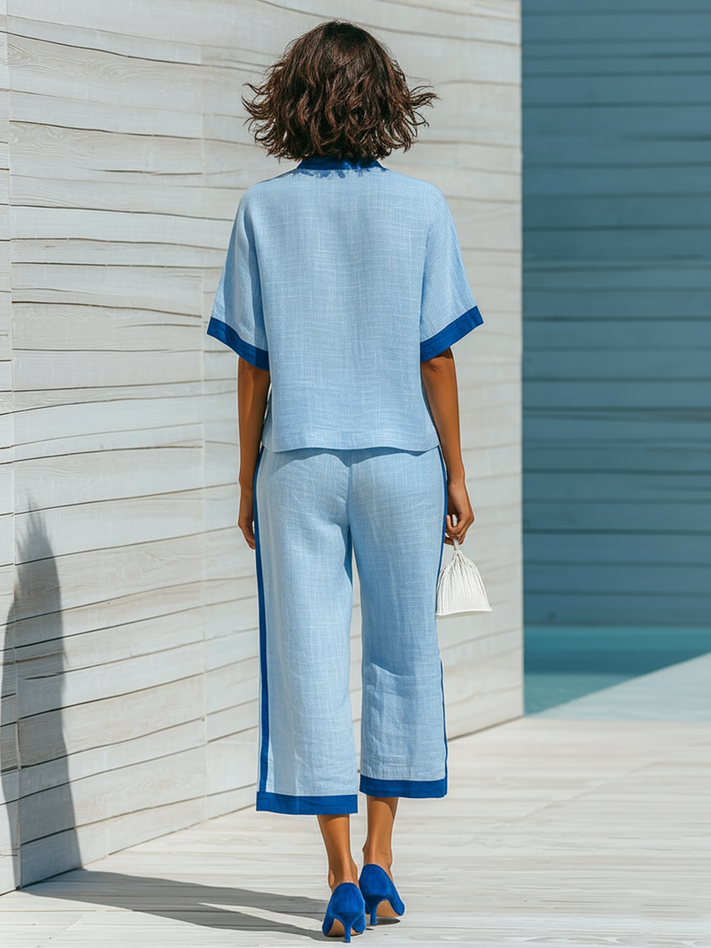 Chic Casual Blue Colorblock Stand Collar Button-Front Short-Sleeve Loose-Fit Tops Cropped Wide-Leg Pants Cotton-Linen Two-Piece Set
