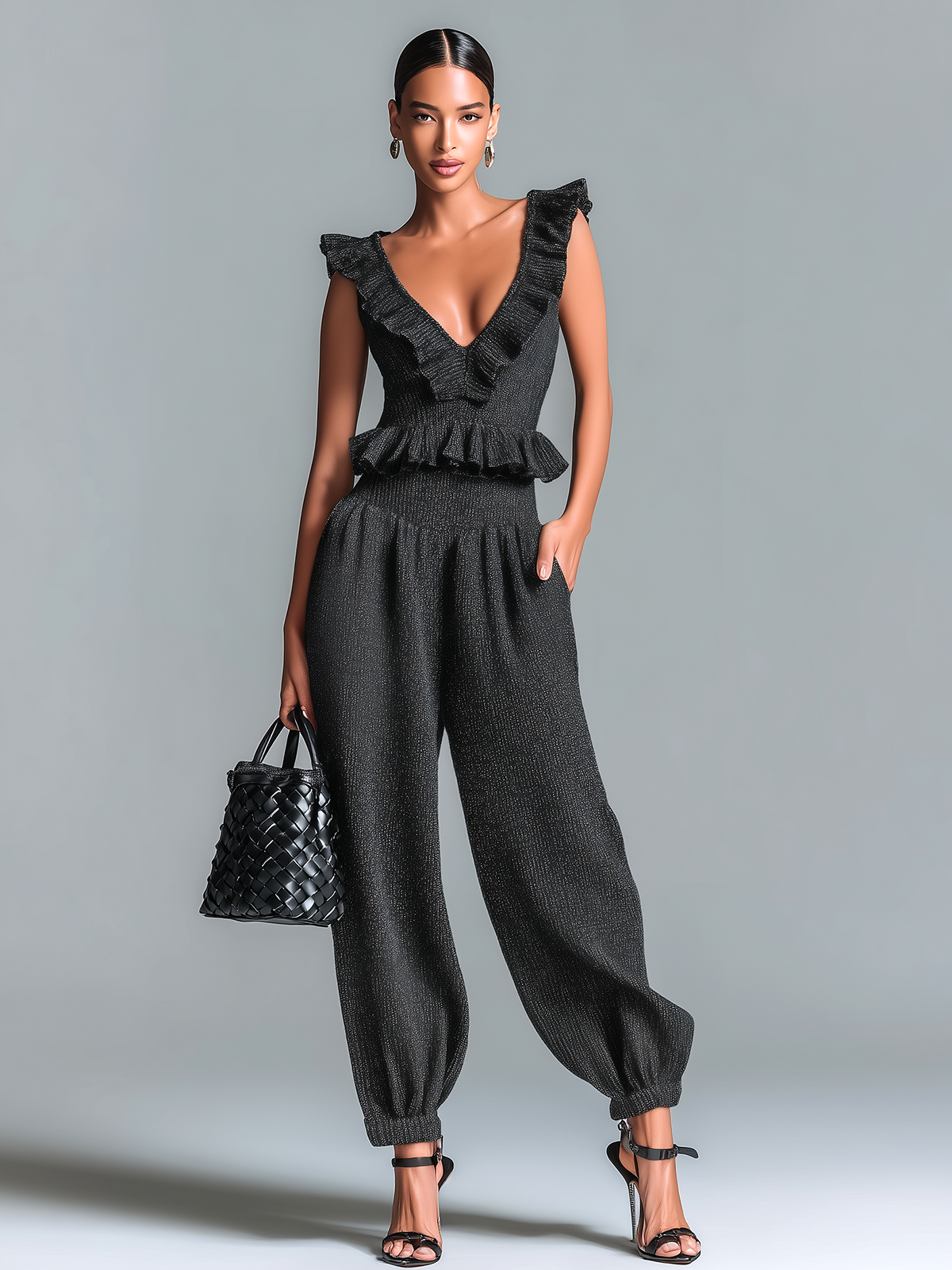 Stylish Elegant Black V-neck Sleeveless Ruffle Sweater Top High-Waist Balloon Pants Knit Two-Piece Set