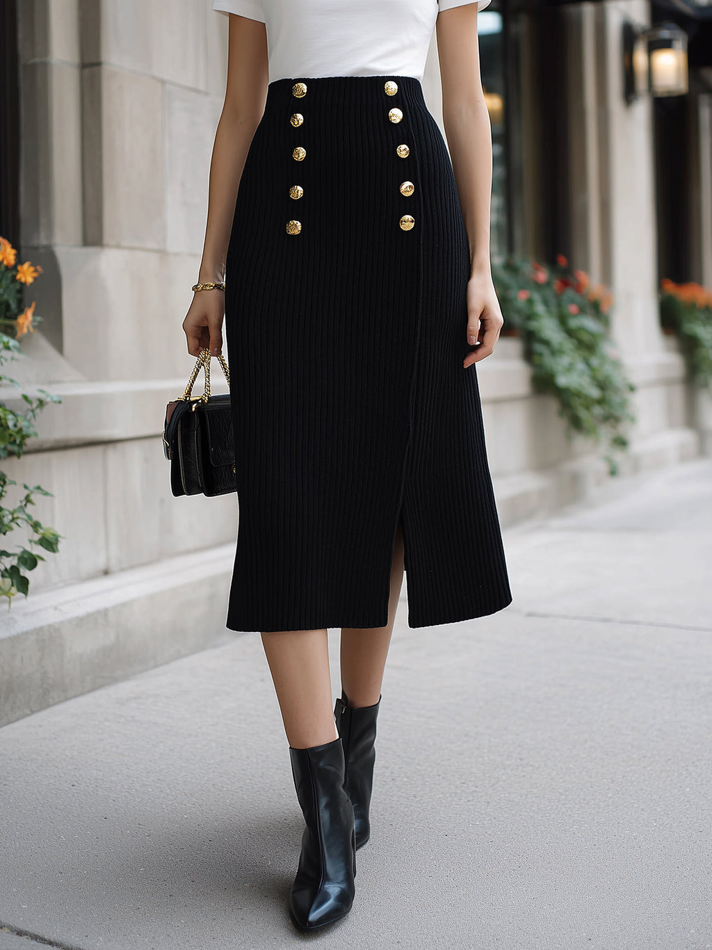 Chic Elegant Black High Waist Gold Button Details Slit A-Line Ribbed Knit Midi Skirt