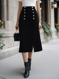 Chic Elegant Black High Waist Gold Button Details Slit A-Line Ribbed Knit Midi Skirt