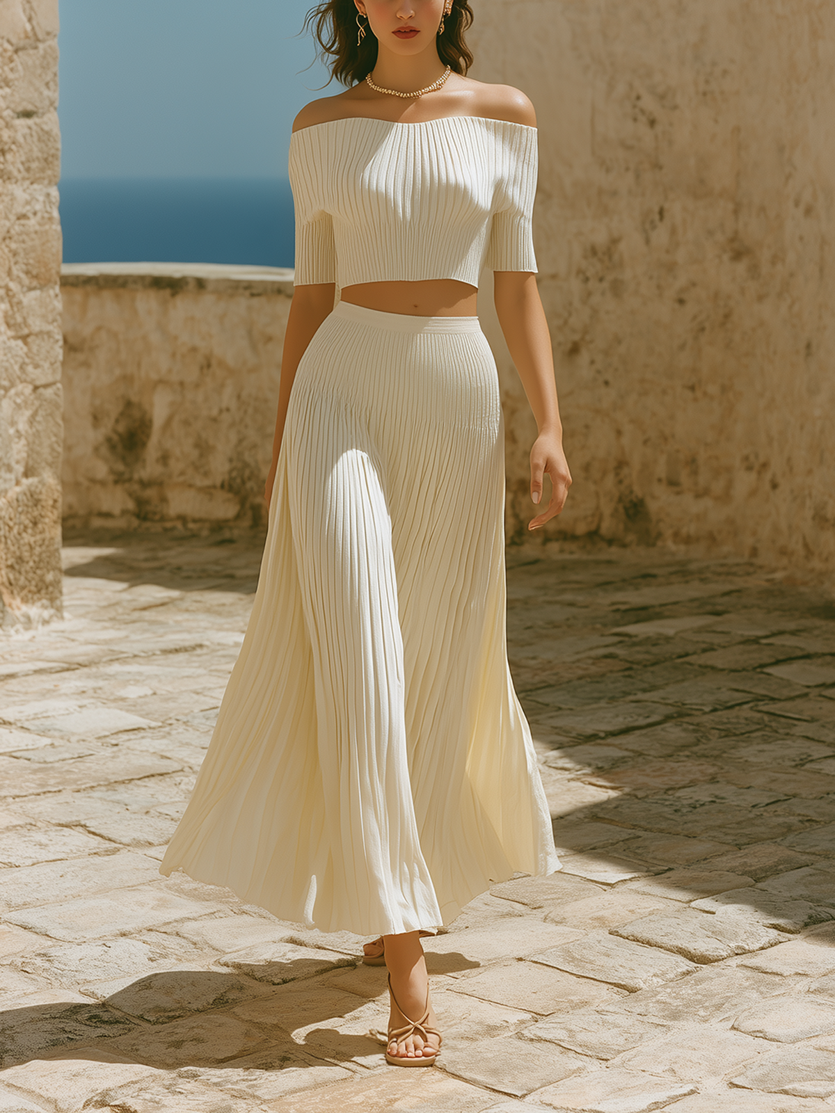 Chic Vintage White Off-The-Shoulder Short-Sleeve Sweater Top Pleated Maxi Skirt Knit Two-Piece Set