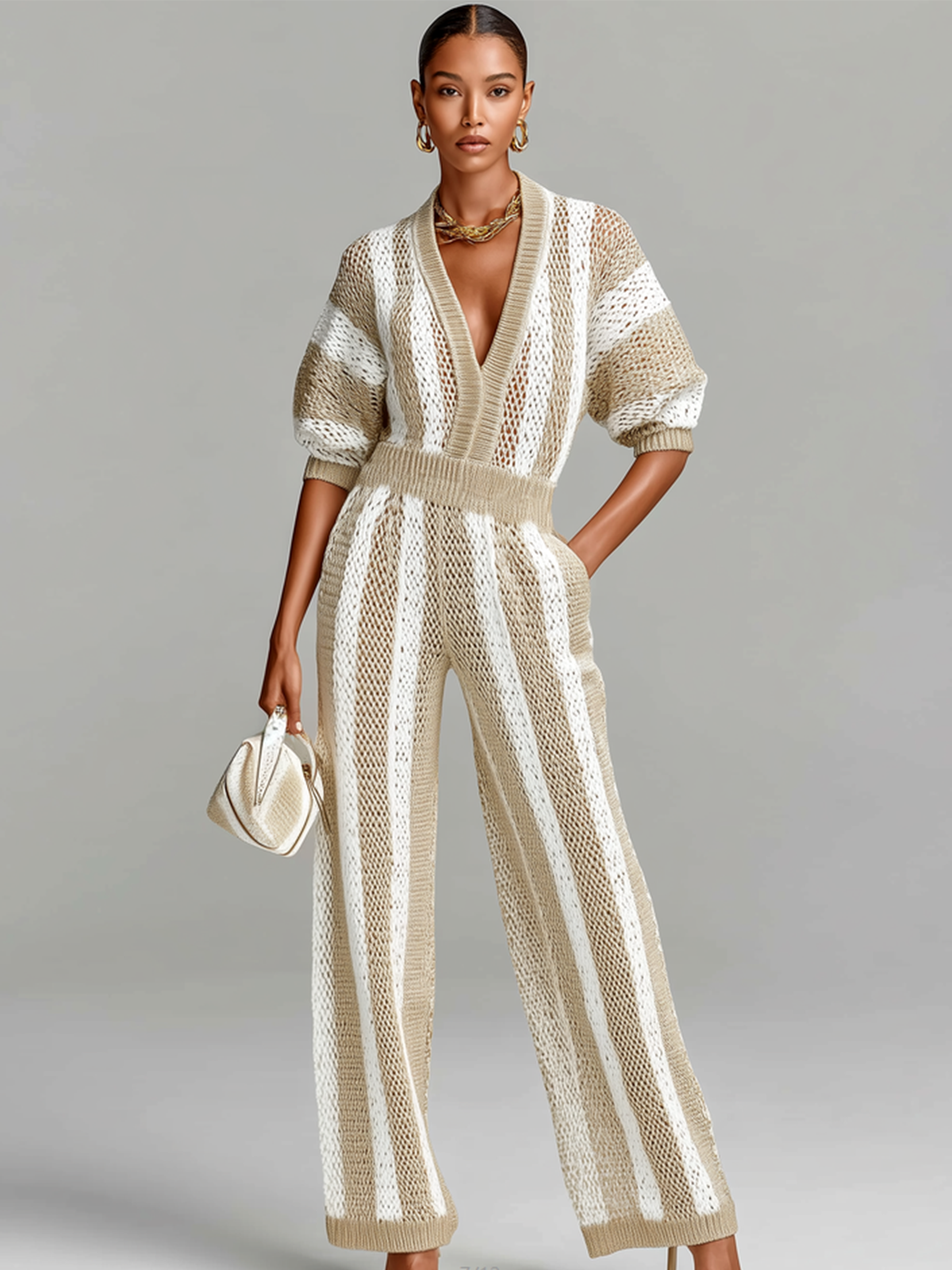 Stylish Elegant White-Beige Striped Mesh V-neck Short-Sleeve Loose-Fit Wide-Leg Ribbed Knit Jumpsuit