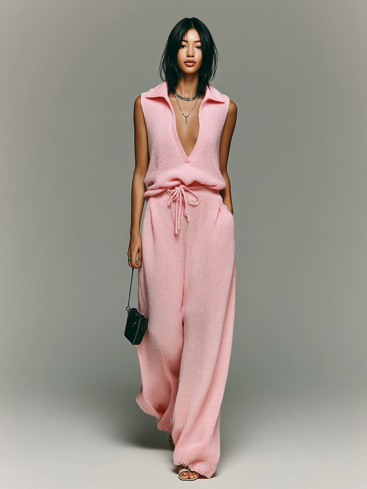 Chic Elegant Pink Lapel V-Neck Loose Vest Drawstring Waist Wide-Leg Pants Ribbed Knit Two-Piece Set