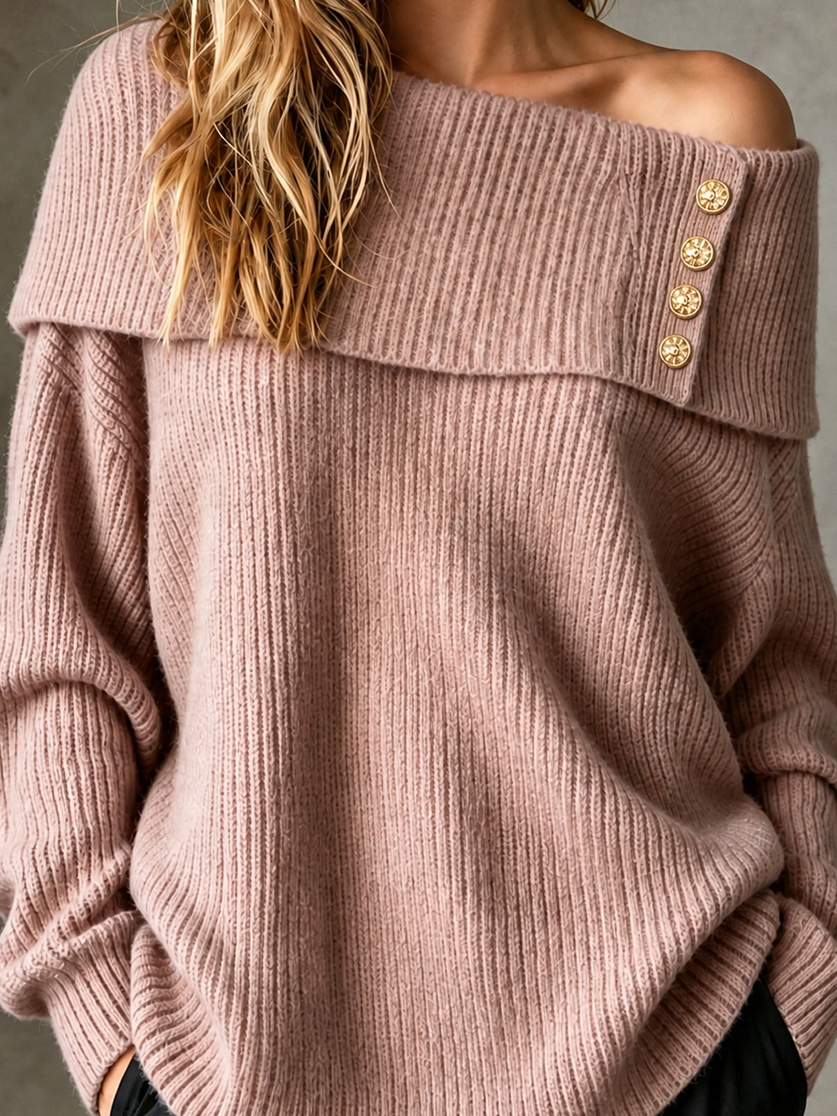 Chic Elegant Pink Off-The-Shouler Long-Sleeve Decorative Button Loose-Fit Wool Blend Ribbed Knit Sweater