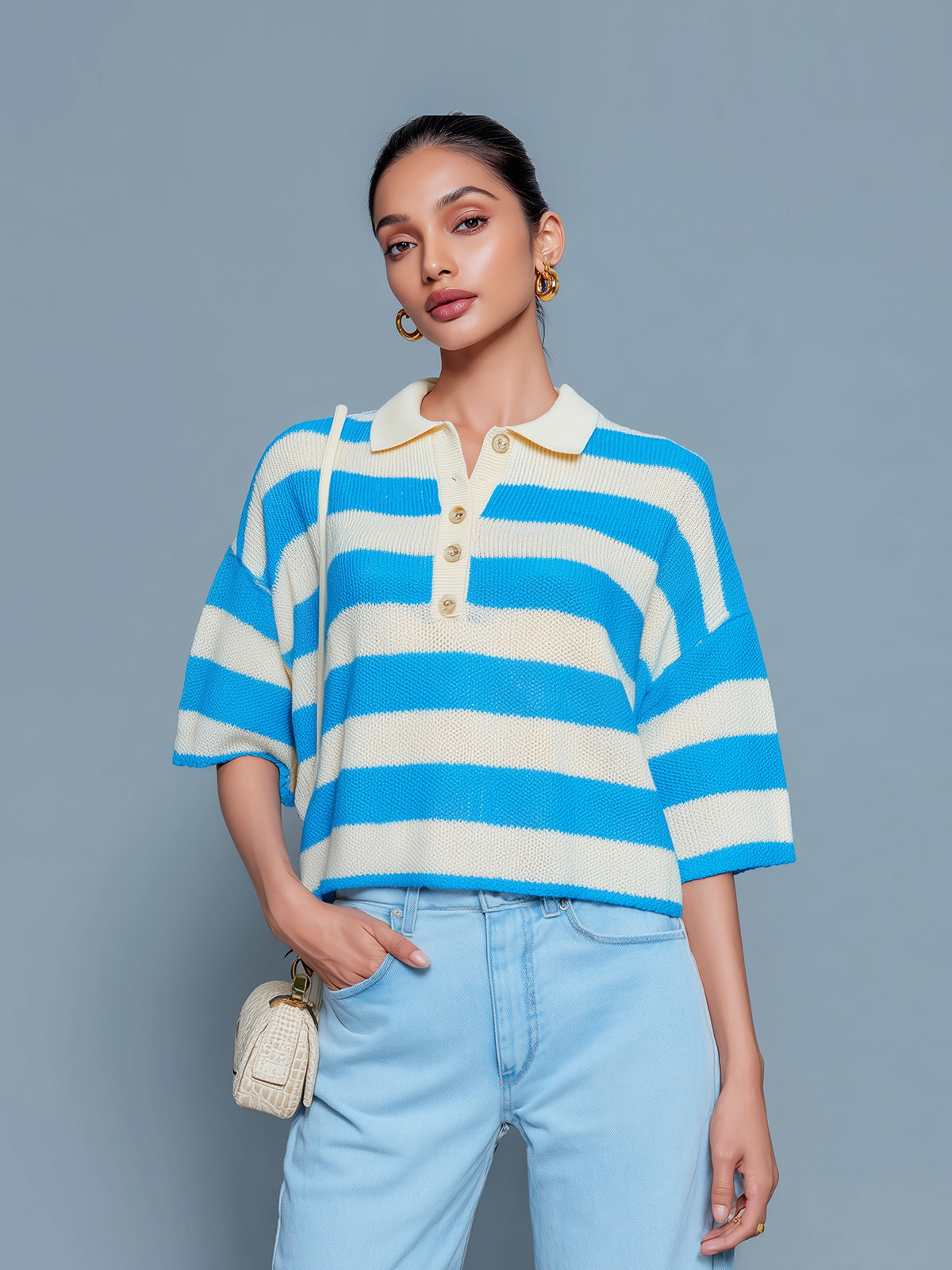 Chic Casual Blue White Stripes Button-Up Lapel Collar Short-Sleeve Loose-Fit Knit Cropped Sweater Top